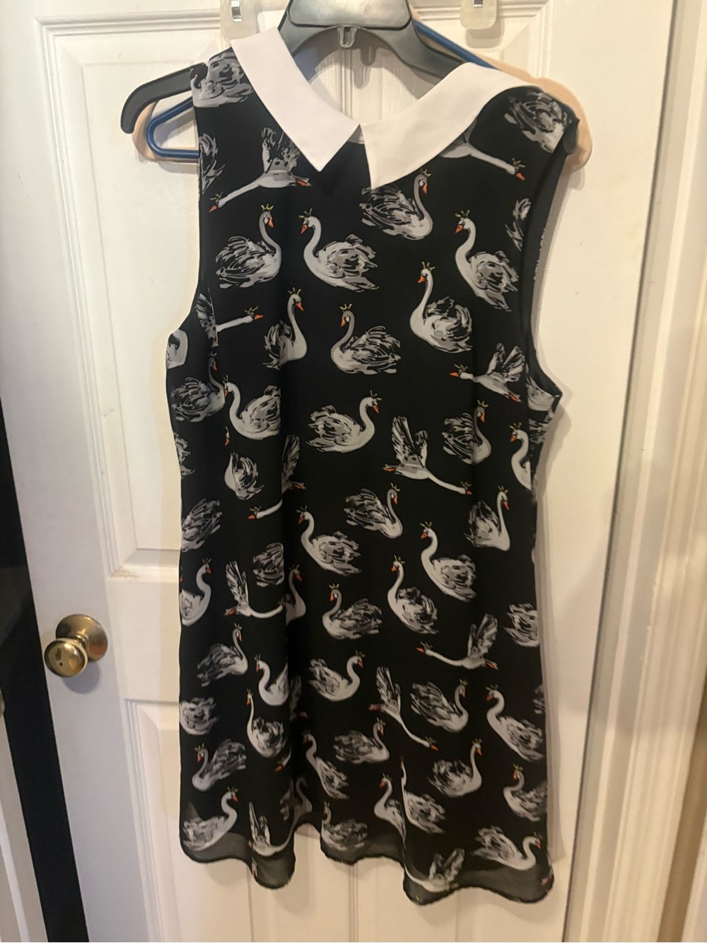 ModCloth Black Swan Print Sleeveless Dress with White Collar